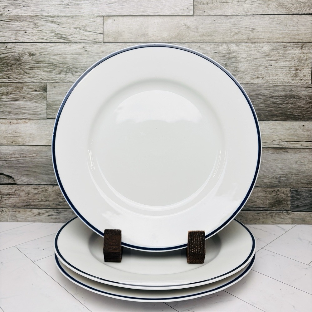 Crate & Barrel Cape Cod Bleu Dinner Plates Blue Rim 10 3/8" • Set of 3